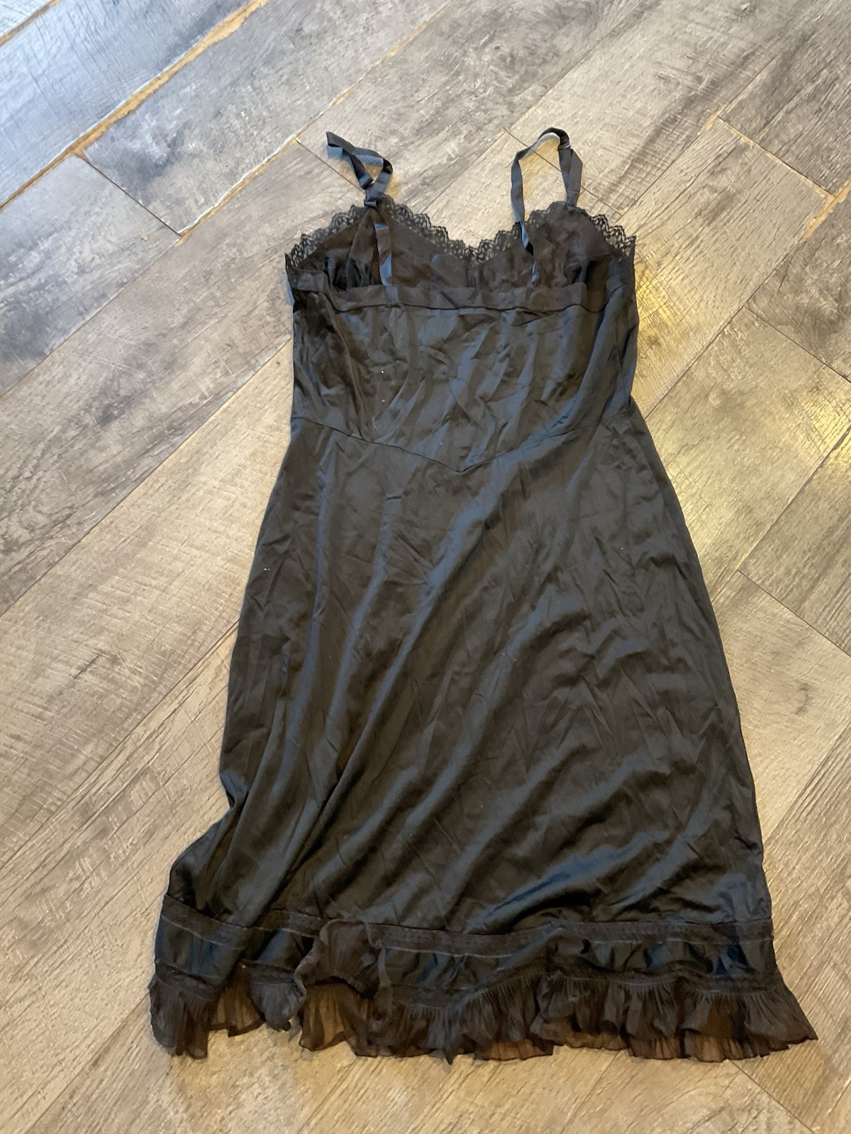 VTG 100% NYLON Full Slip Little Blk Dress Babydoll Lace Adonna 70s Camisole 36