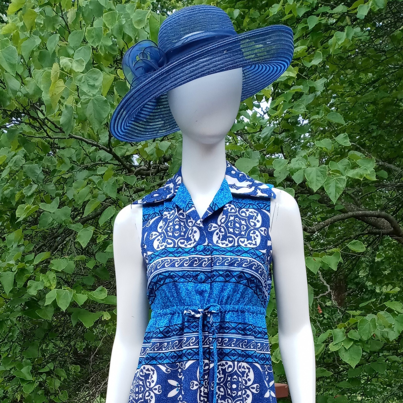 Penneys Hawaii VTG Small Barkcloth Maxi Dress Blue Tropical Sleeveless Collared