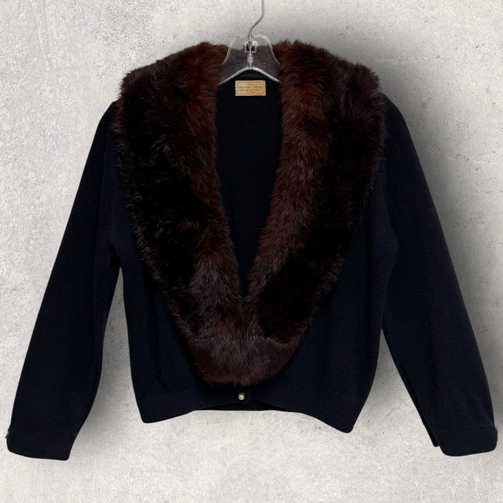 Vtg 50’s Du Pont Orlon Black Cardigan REAL MINK FUR Collar & Pearl Buttons S/M