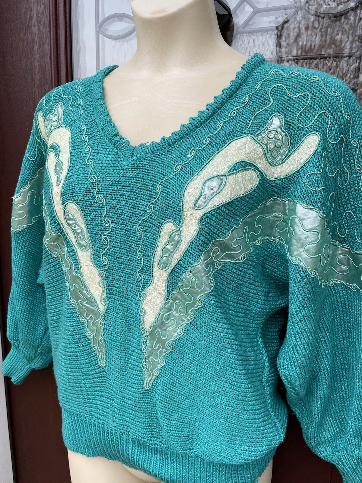 VTG 80s 90s Teal Metallic Embellished Gold Batwing Turtleneck Sweater Glam Retro