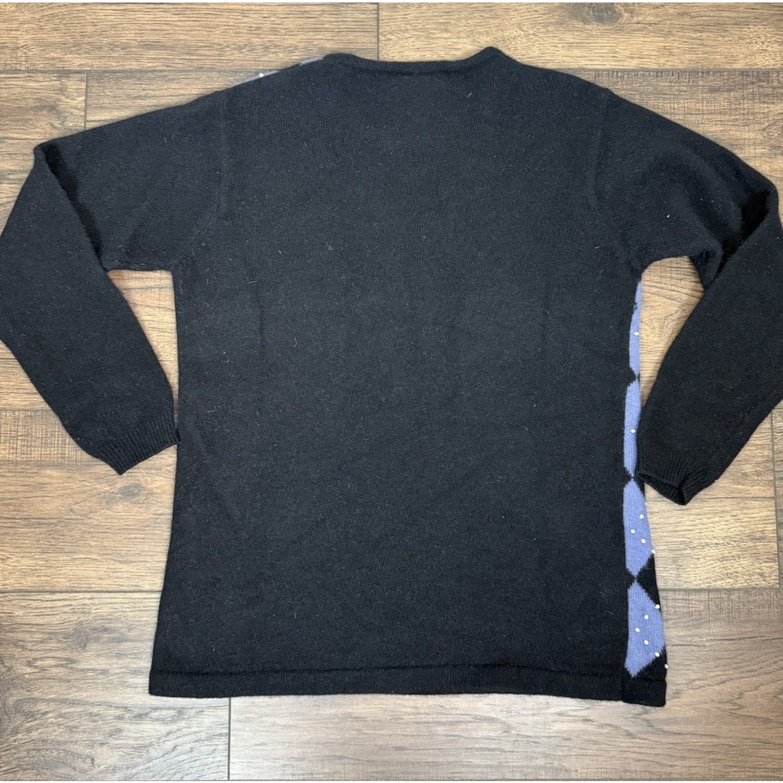 Vintage Lambswool Angora Rabbit Sweater Black Blue Plaid Beaded Women’s Sz Large