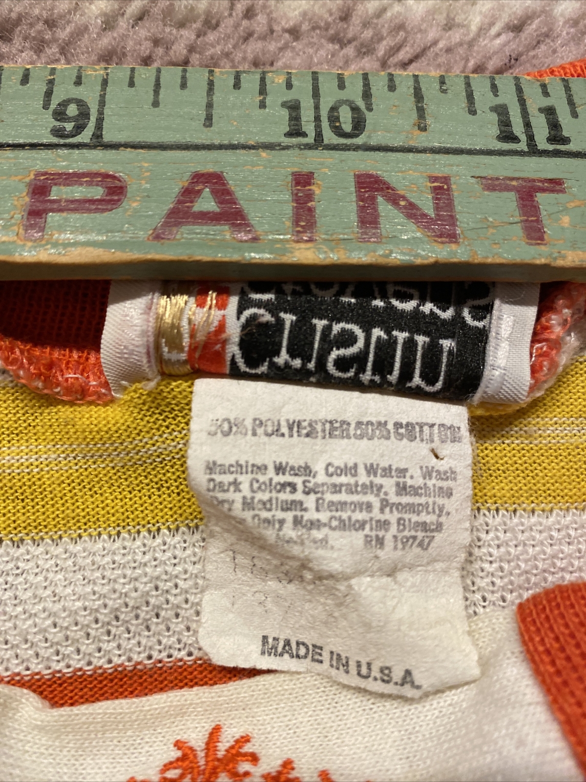 VTG Cristin Stevens Weave Netting Shirt Orange Yellow Shoulder Pads Stripe L EUC