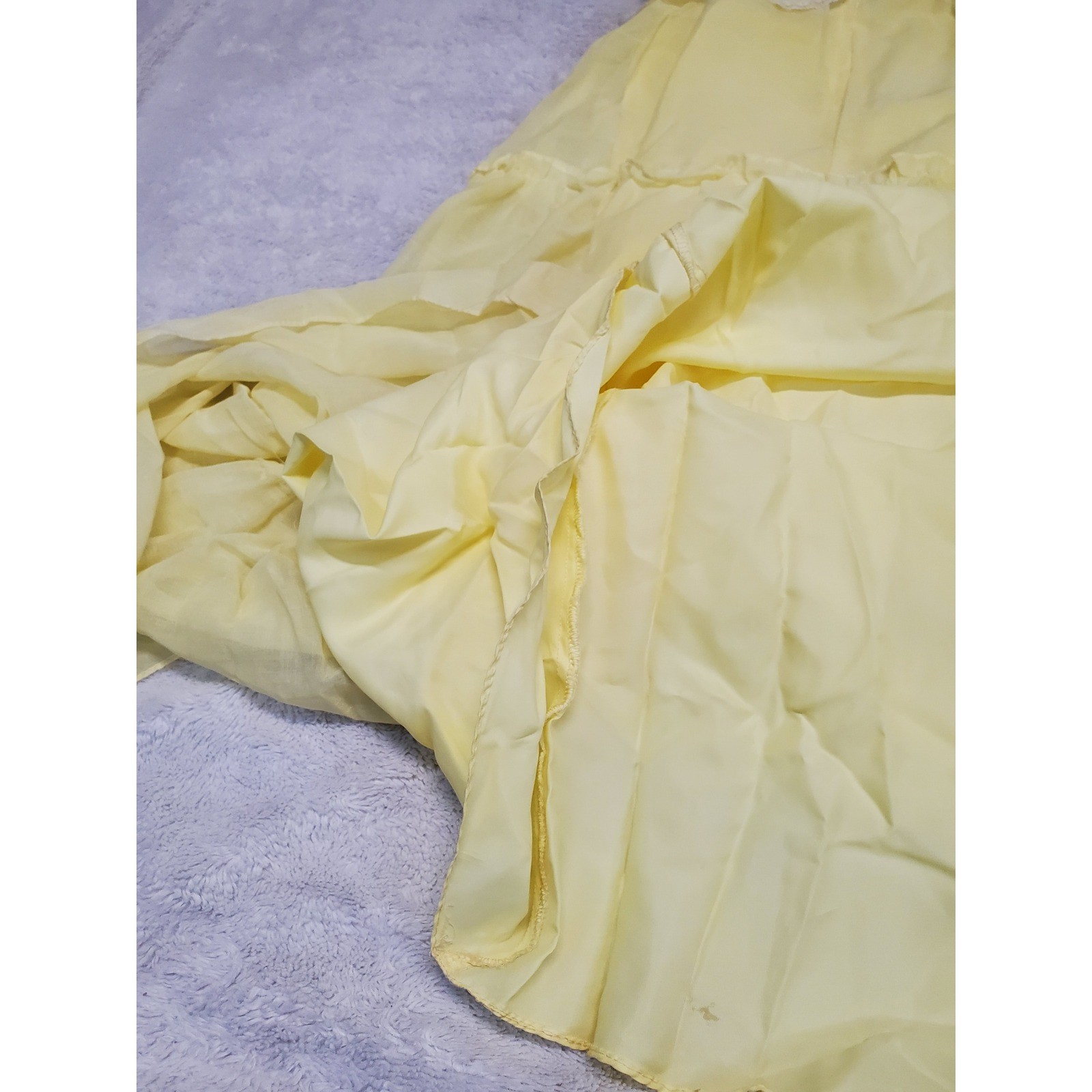 Vintage Soft Yellow White Lace Spaghetti Strap Tiered Babydoll Maxi Dress 11 XS