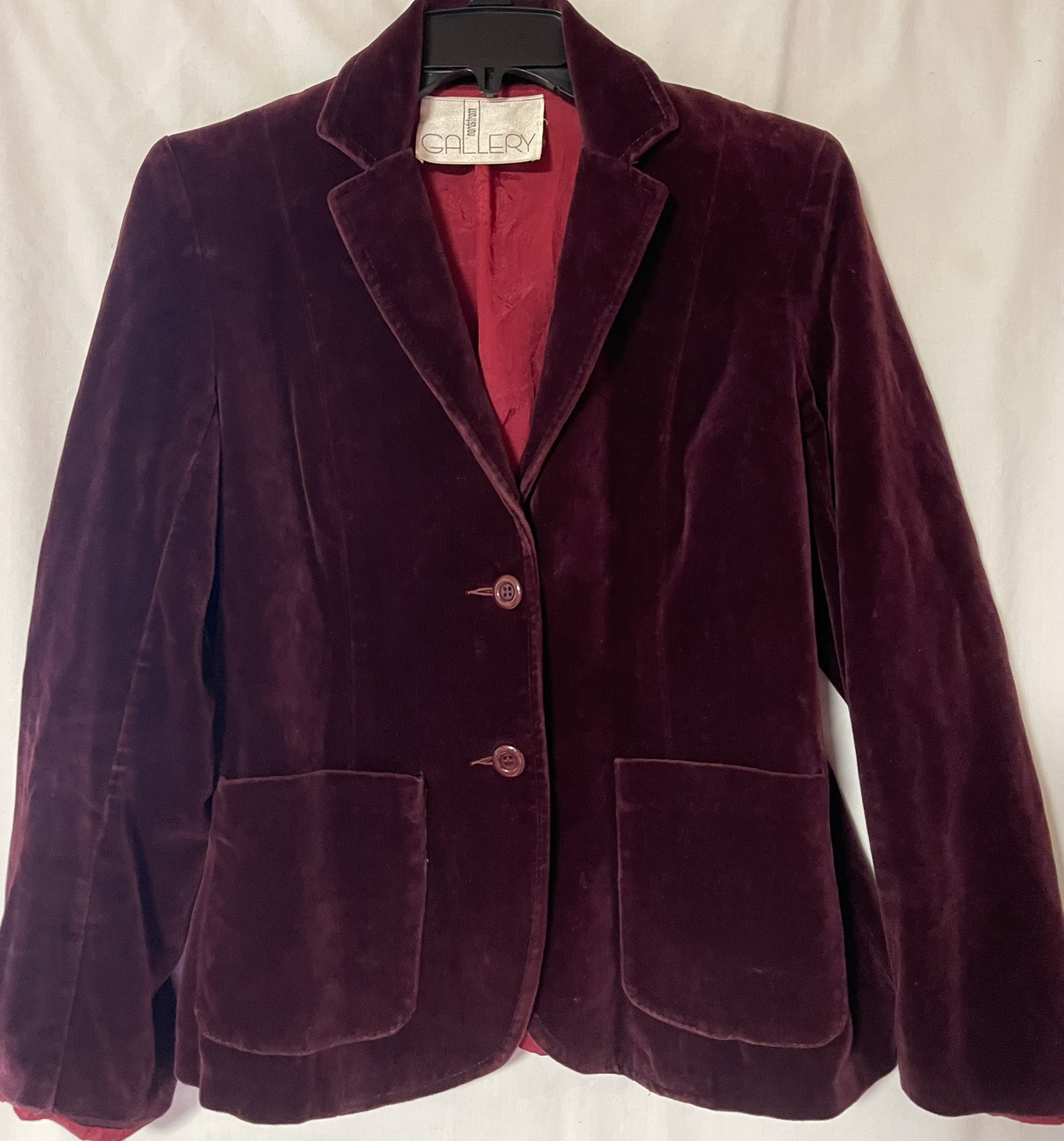 VINTAGE 70’S NORDSTROM GALLERY, DARK PLUM, VELVET 2 BUTTON BLAZER, M, 36″ BUST