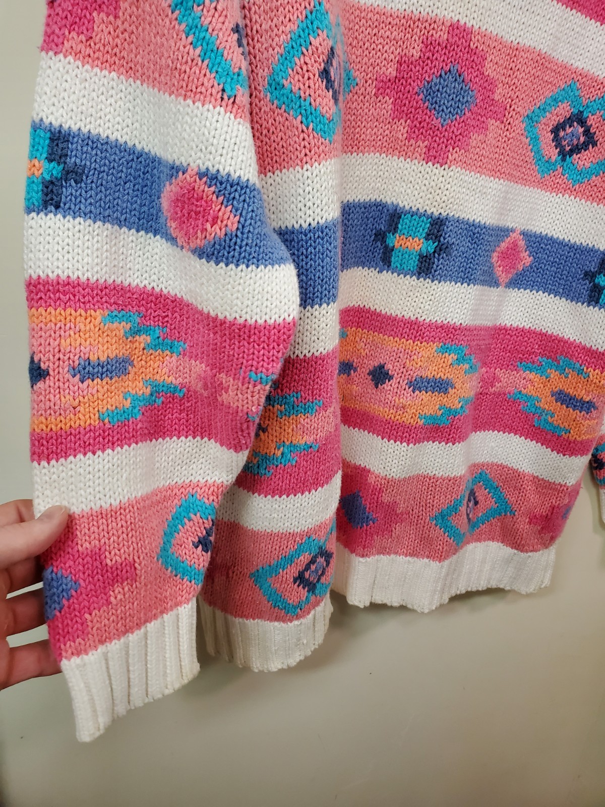 Vintage 80s Nuovo Sweater Women’s Medium Aztec Cotton Ramie Slouchy Tunic Pink