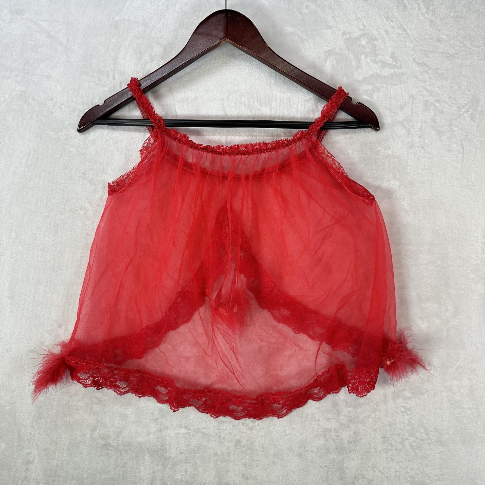 Vintage Exotique Top Womens OS Red Sheer Mesh Fur Trim Babydoll Lingerie 60s