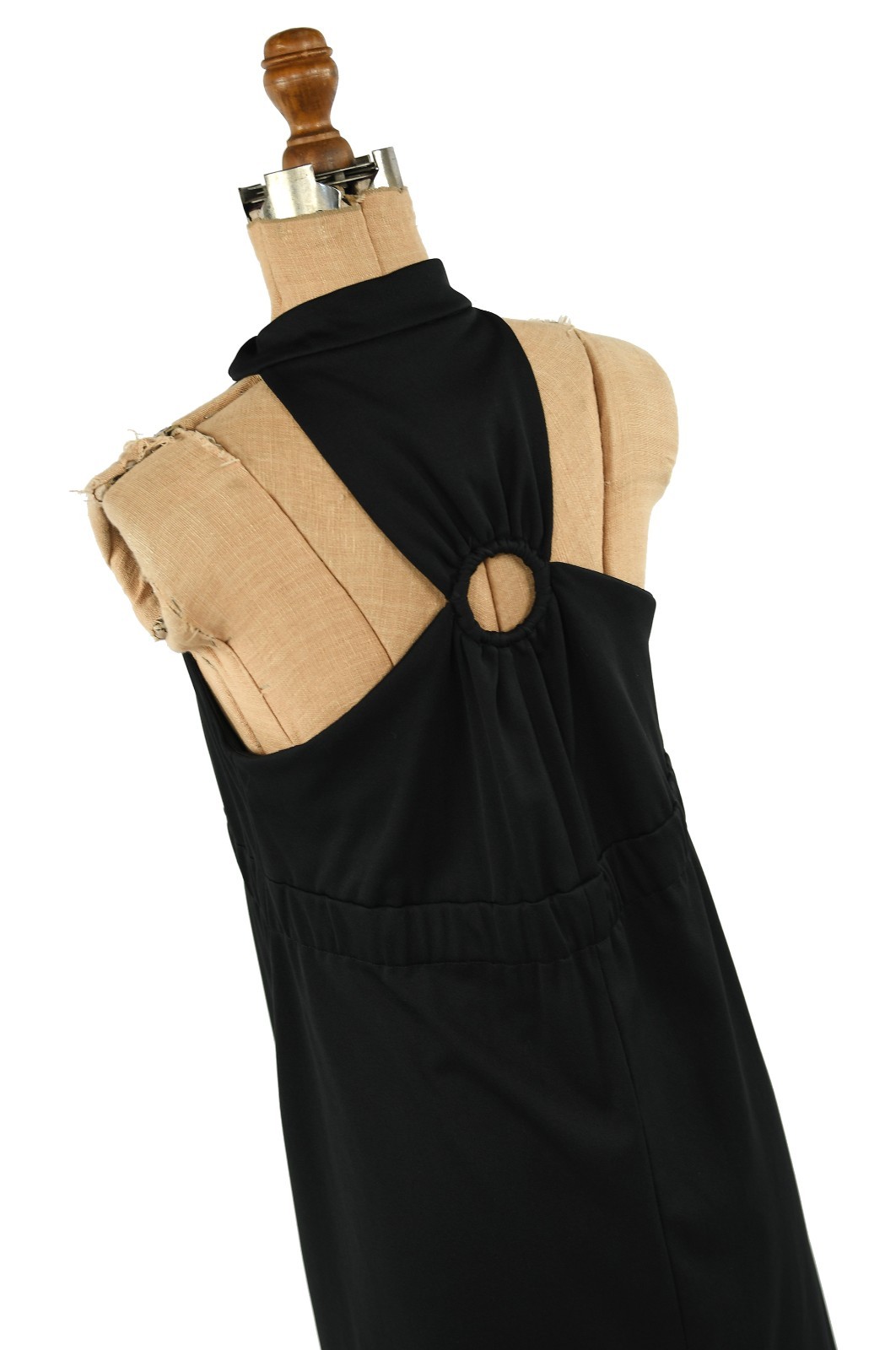 Vintage 70s Black Halter Keyhole Maxi Dress Gold Accent Buttons Disco Sleeveless