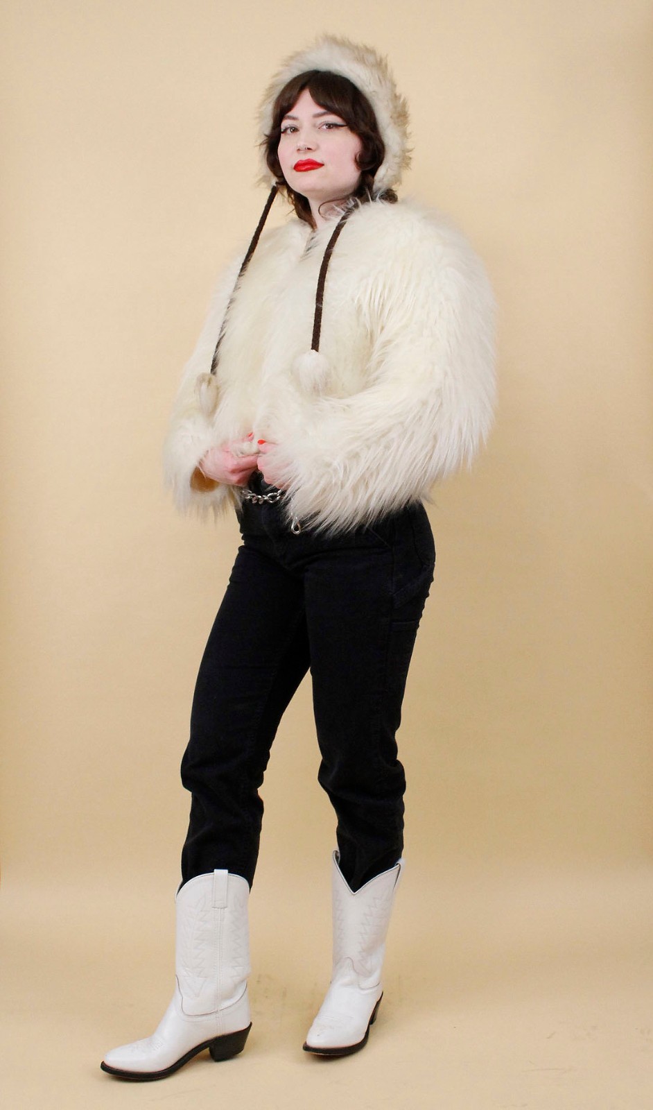 60s 70s Vtg Shaggy Faux Fur White Zip Up Crop Jacket Coat Mod Rocker Glam B34″