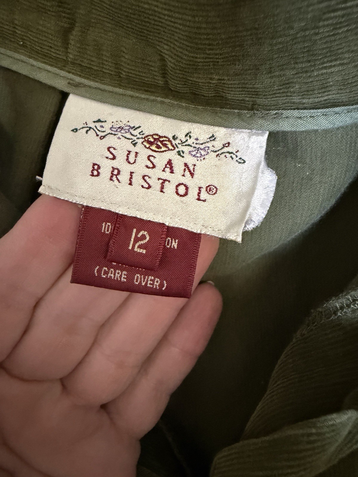 Vtg Susan Bristol Army Green Corduroy Long Length Skirt Made In Hong Kong Preppy