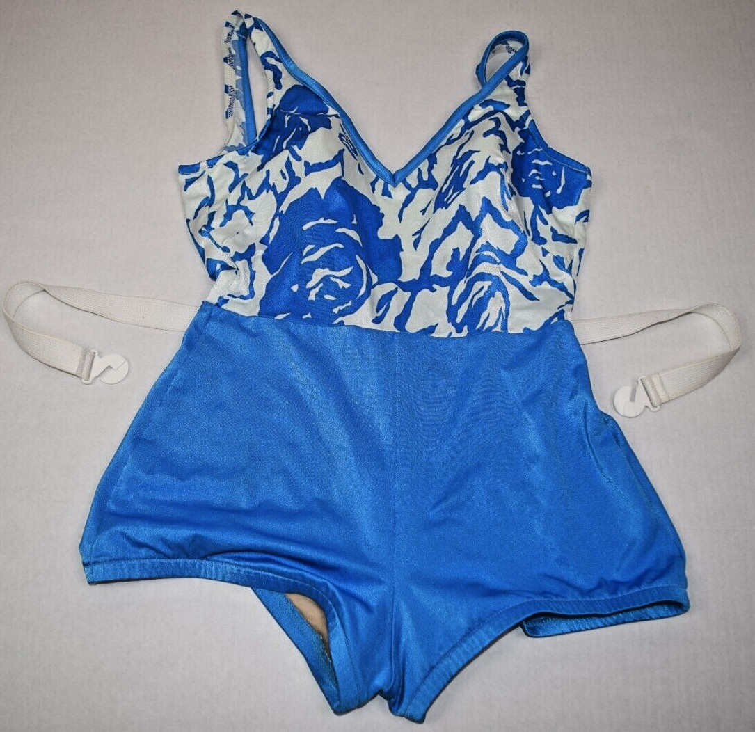 Vintage Swimsuit 2 Tone Electric Blue White Size 16 S/M 70s Internal Bra & Belt