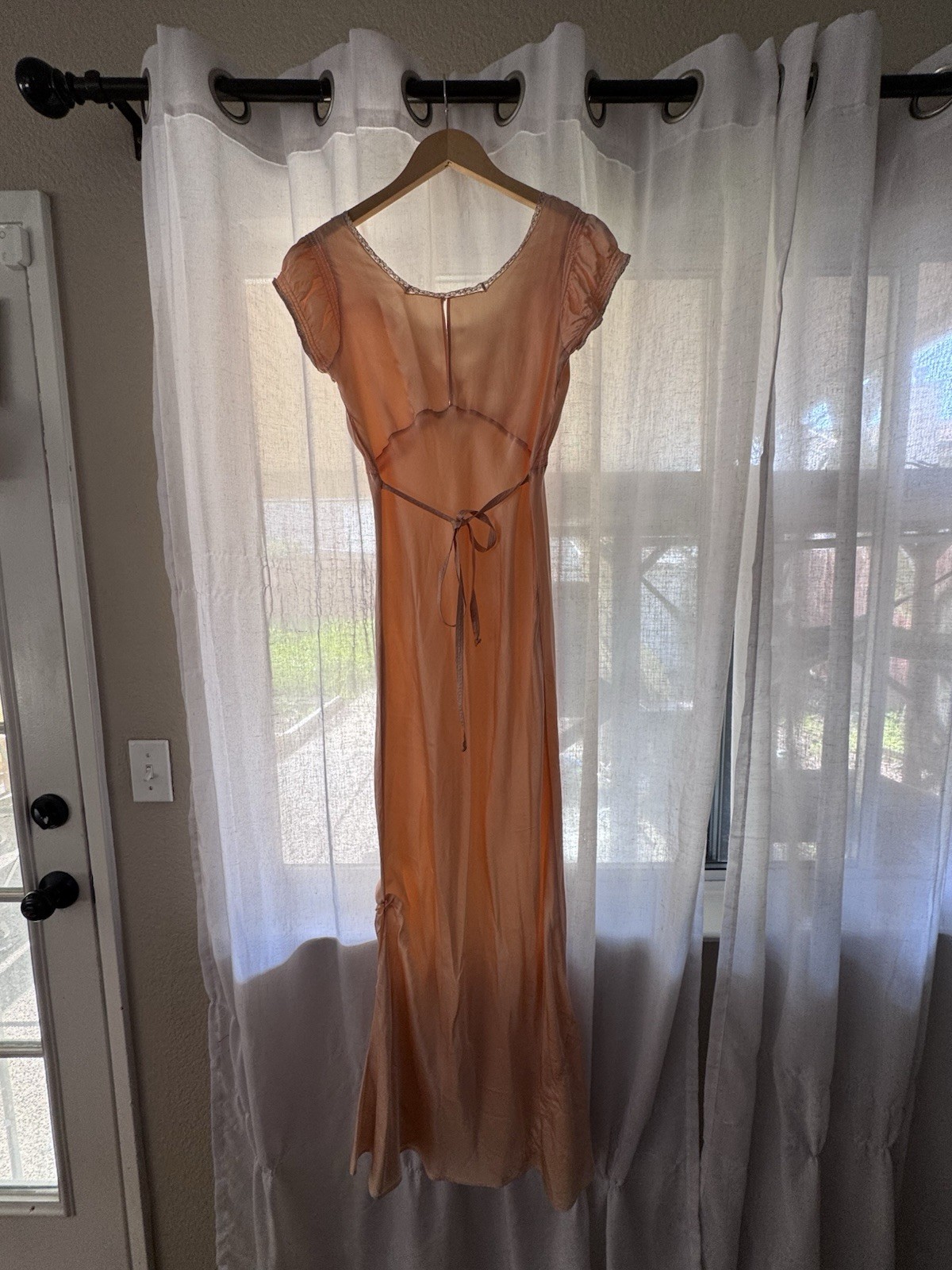 1930s Silk Lace Bias Cut Gown – Peach Blush Sheer Evening Dress Nightgown