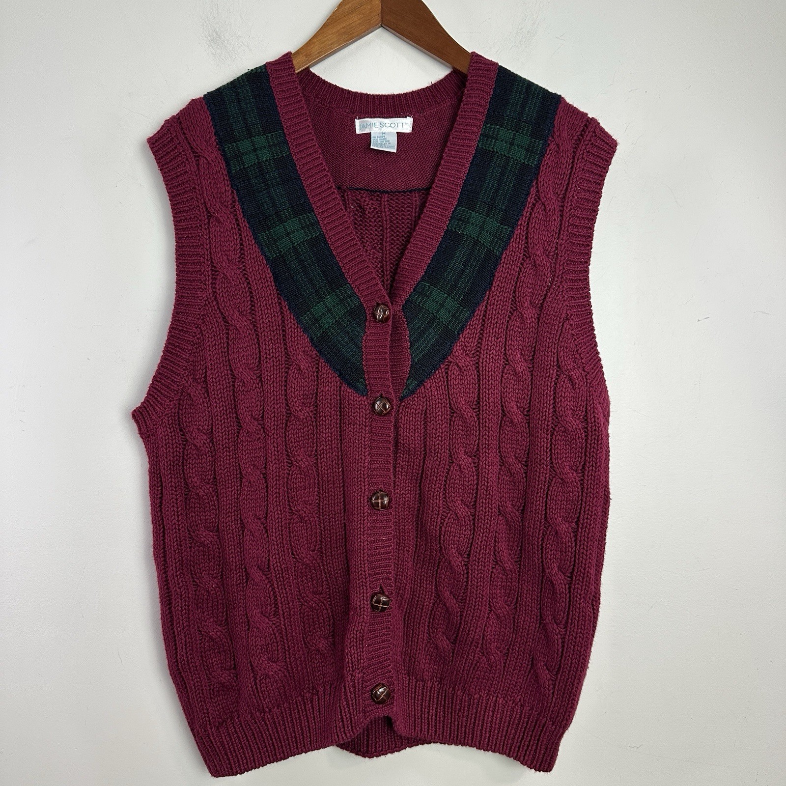 Vintage Jamie Scott Sweater Vest Plaid Trim Cable Knit Button Up Fisherman Sz L