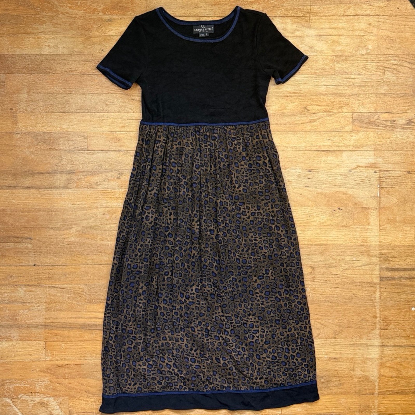 Vintage Carole Little Leopard Print Midi Dress Size Small 4 Black Ribbed Knit