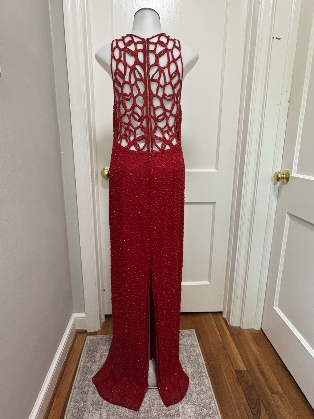 Sean Collection Vintage 90s Red Sequin Silk Gown Beaded Cage Back Formal L
