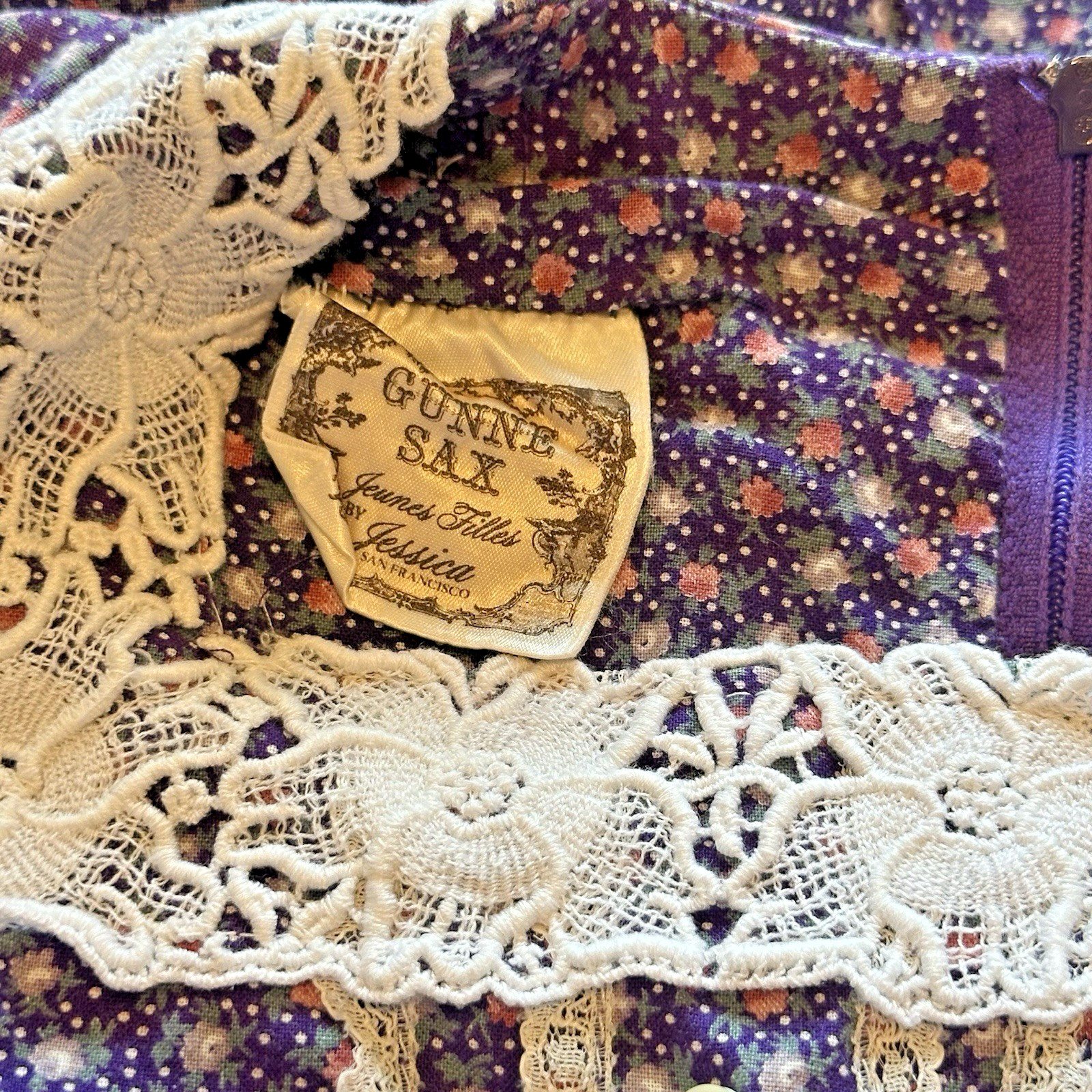 Gunne Sax By Jessica Prairie Vtg Girls Dress Purple Floral White Lace Trim 70’s