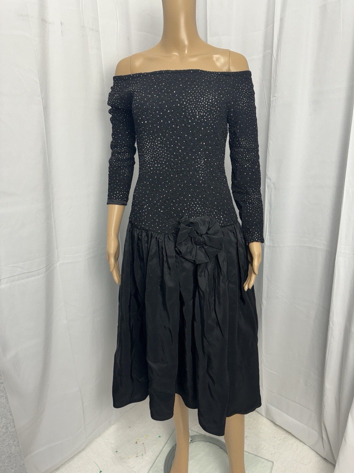 VTG 80s Ted Lapidus Paris Off Shoulder Beaded Dress Gown Sz 8 Black Formal