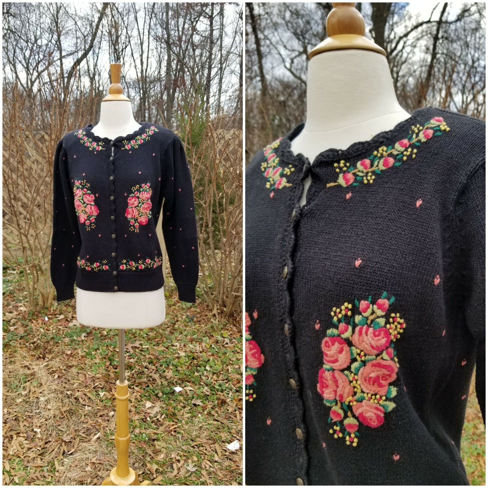 Vintage does 40-50s black knit cotton/rami cardi Hungarian floral embroidery M