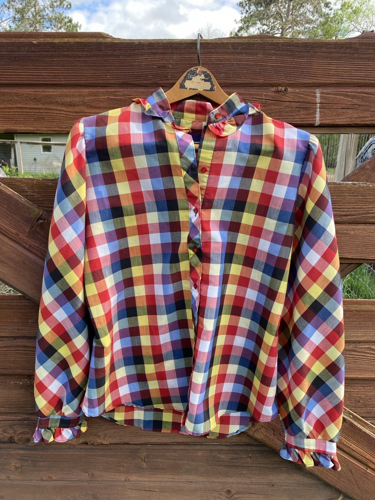Vintage Panhandle Slim blouse Women’s Western Plaid Ruffle Red Yellow gingham