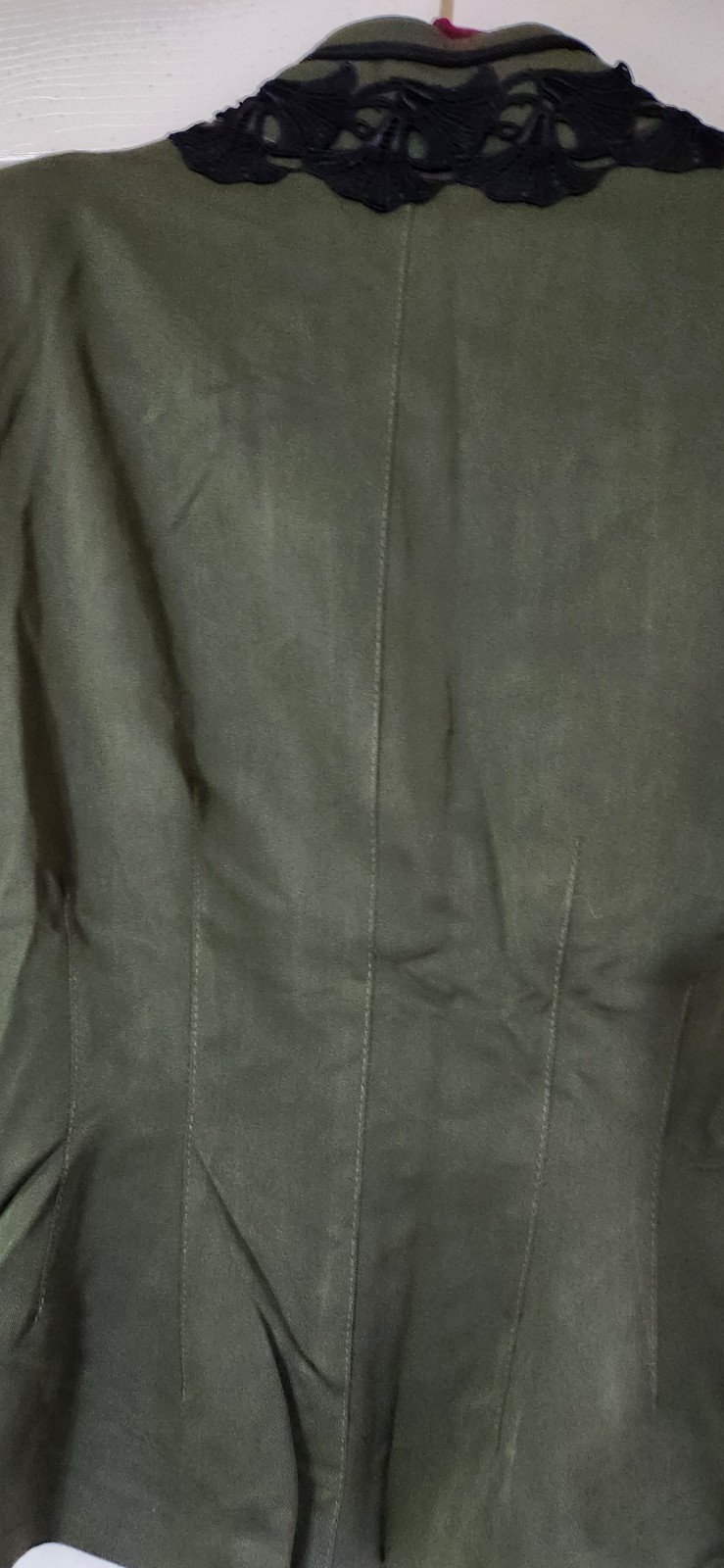 Edwardian Olive Green Jacket Black Embroidered Trim Flower Petals Size Small 90s