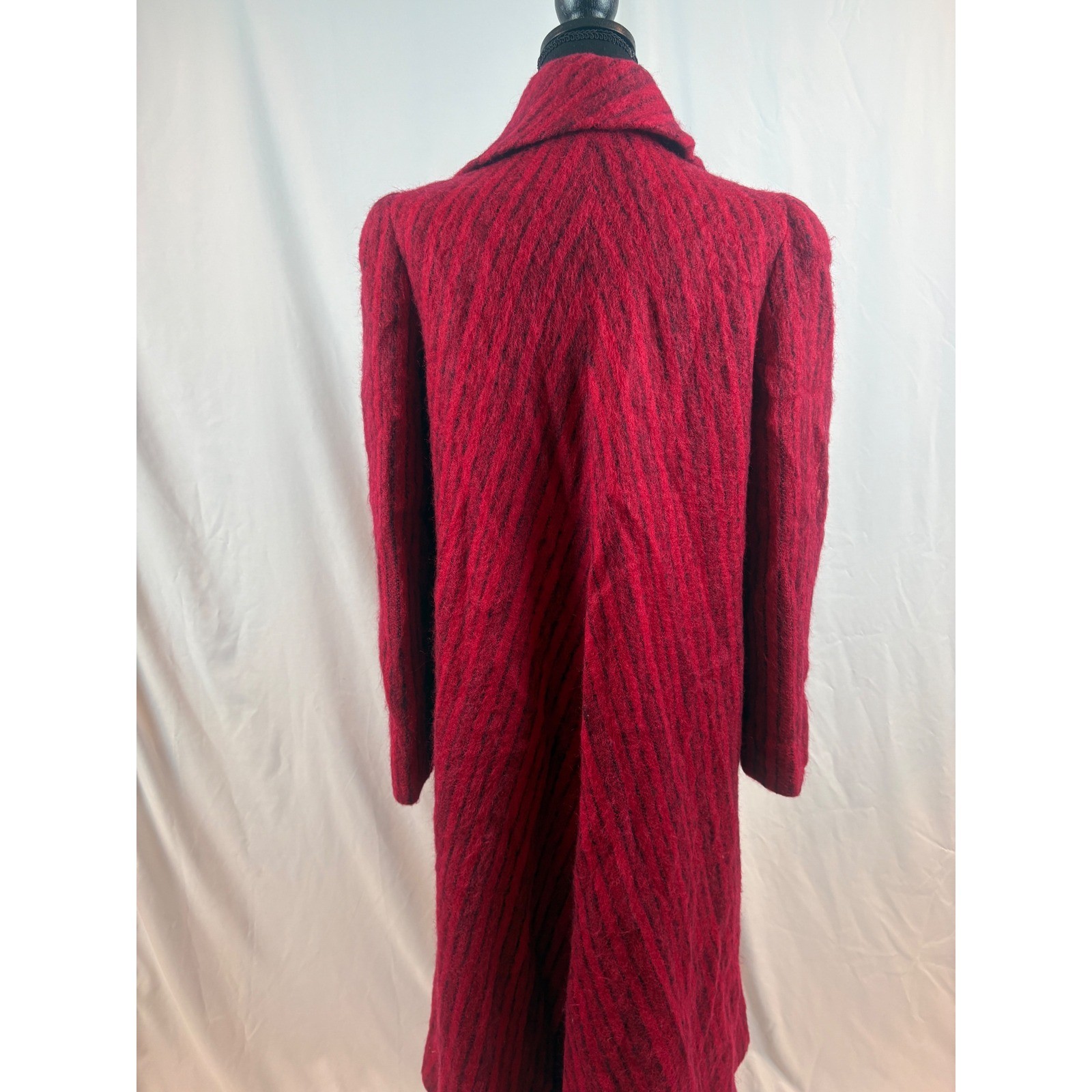 Vintage Pauline Trigere Red Black Stripe Mohair Wool Maxi Coat Scarf Collar 10