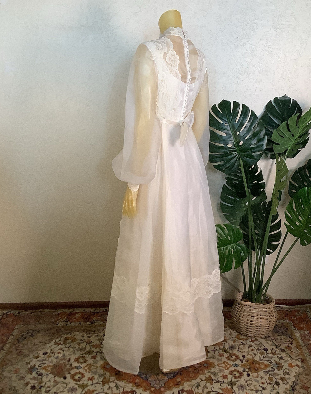 1970s Bridal Originals Regency Inspired Empire Waist Lace Wedding Dress & Train