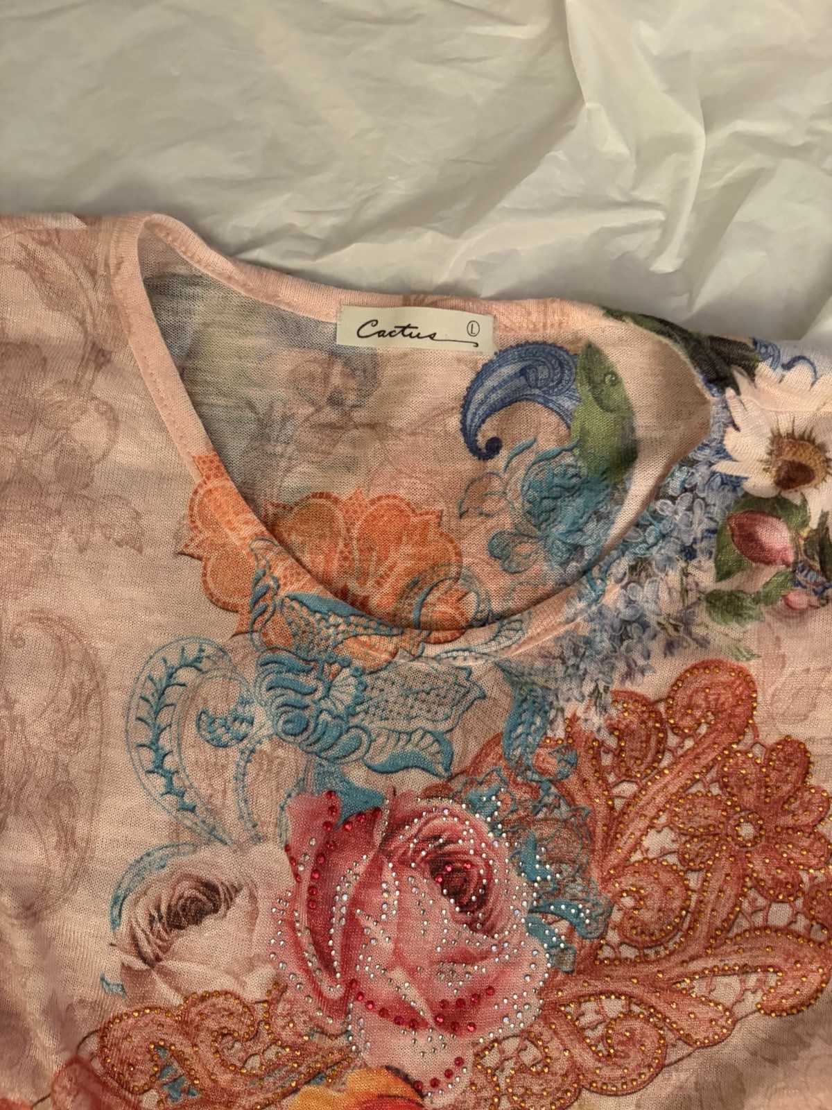 Y2K Beautiful light Coral Sequin Floral Long Sleeve Top Size L by Cactus Brand