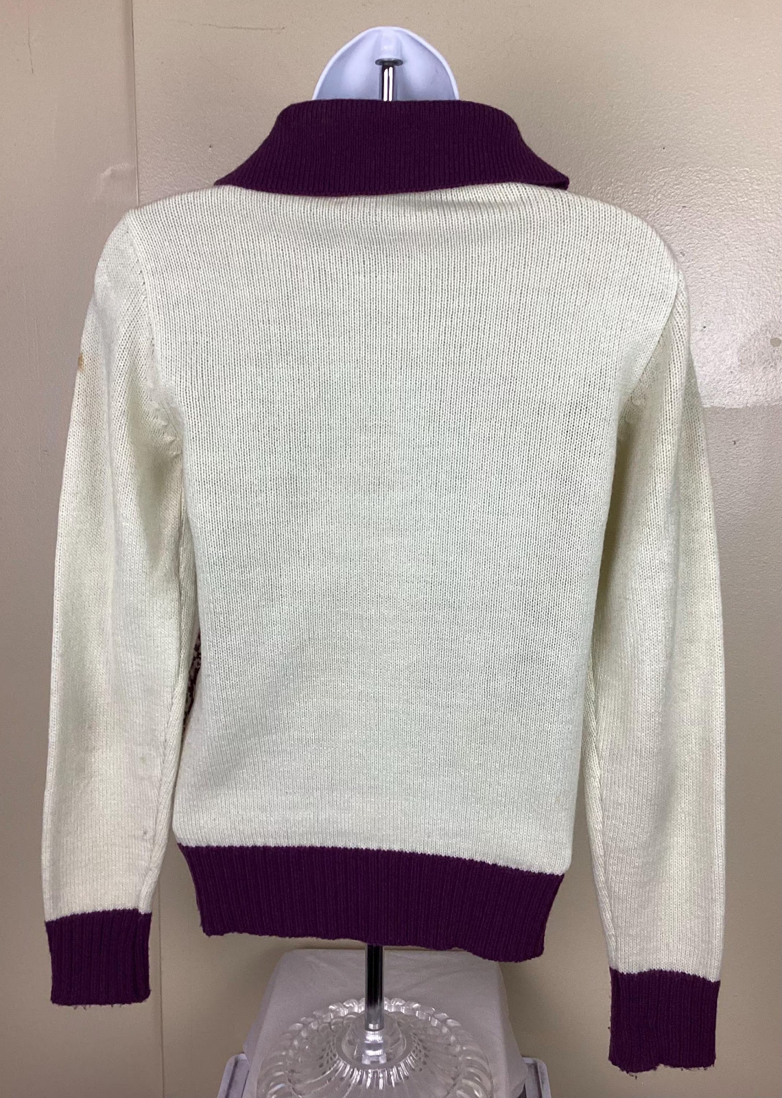 Vtg 70s Full Zip Sweater Jacket Purple Cream Color Women’s S Knit Pattern