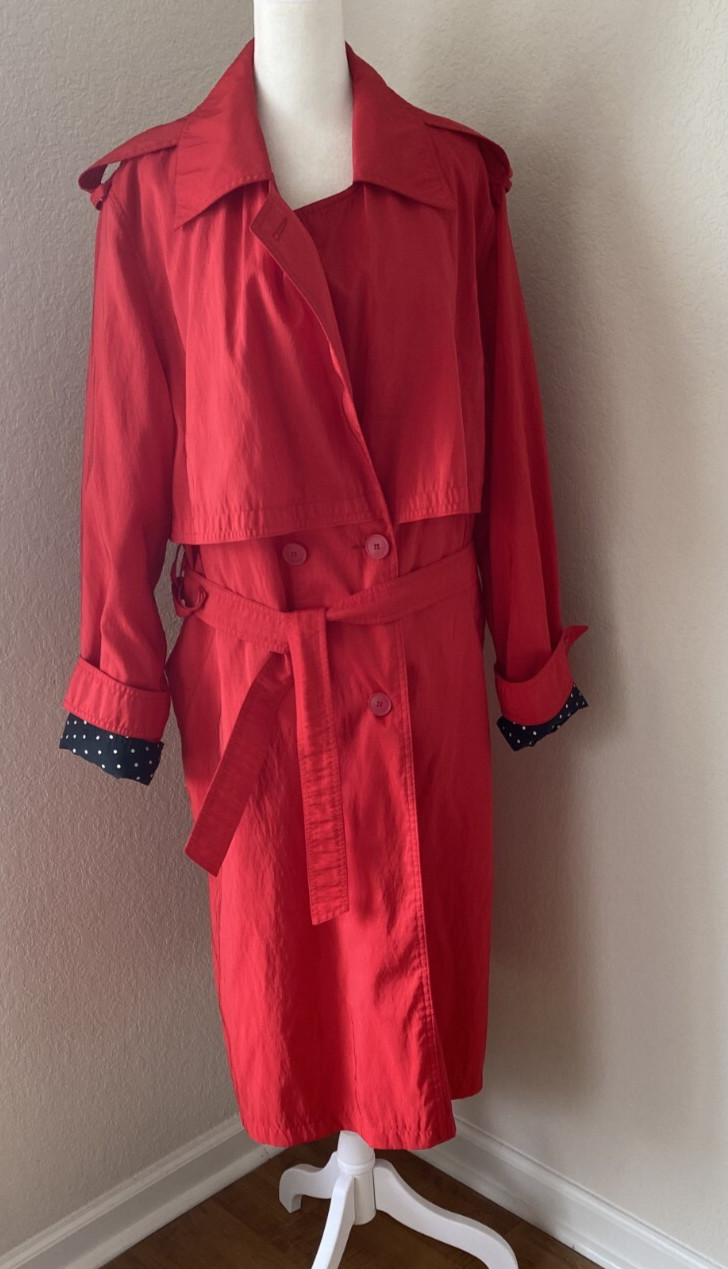 New York Harbor Petite 14 Full Length Red Trench Rain Coat w Polka Dots