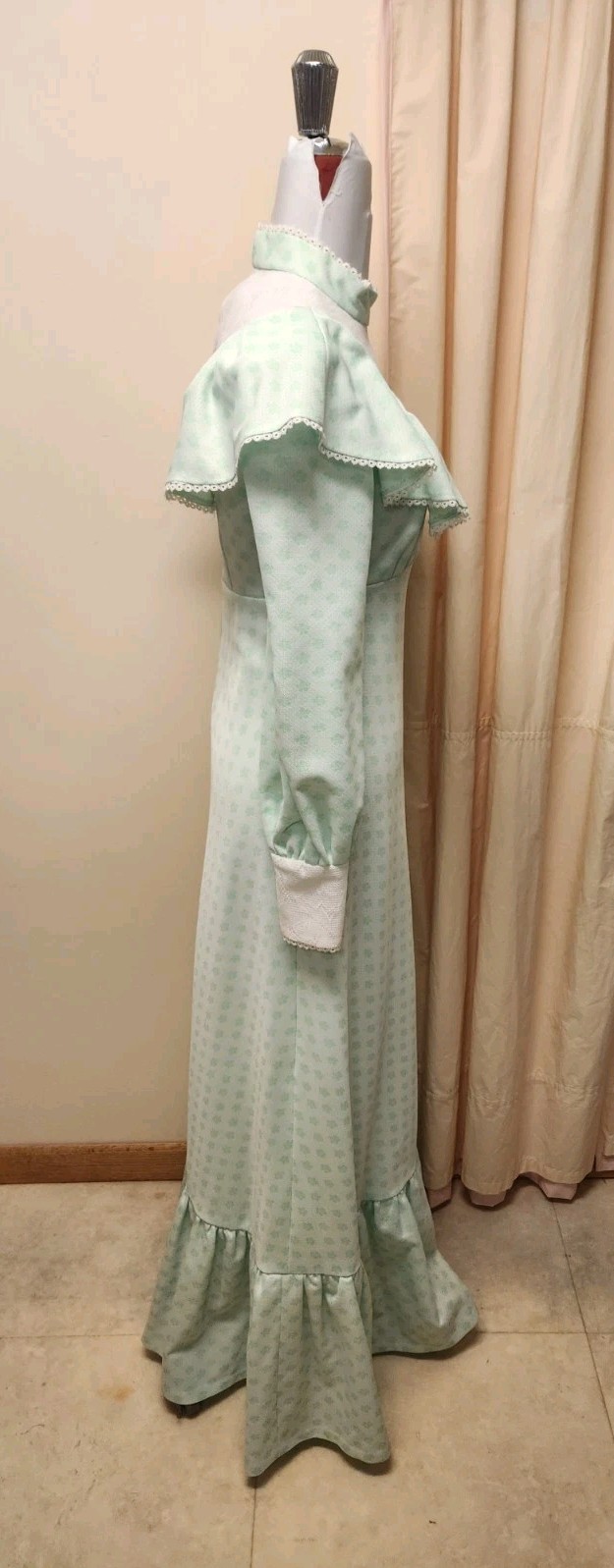 VTG 70s Handmade Prairie Cottage Core Gree Floral Pattern Maxi Dress*sz10*EUC
