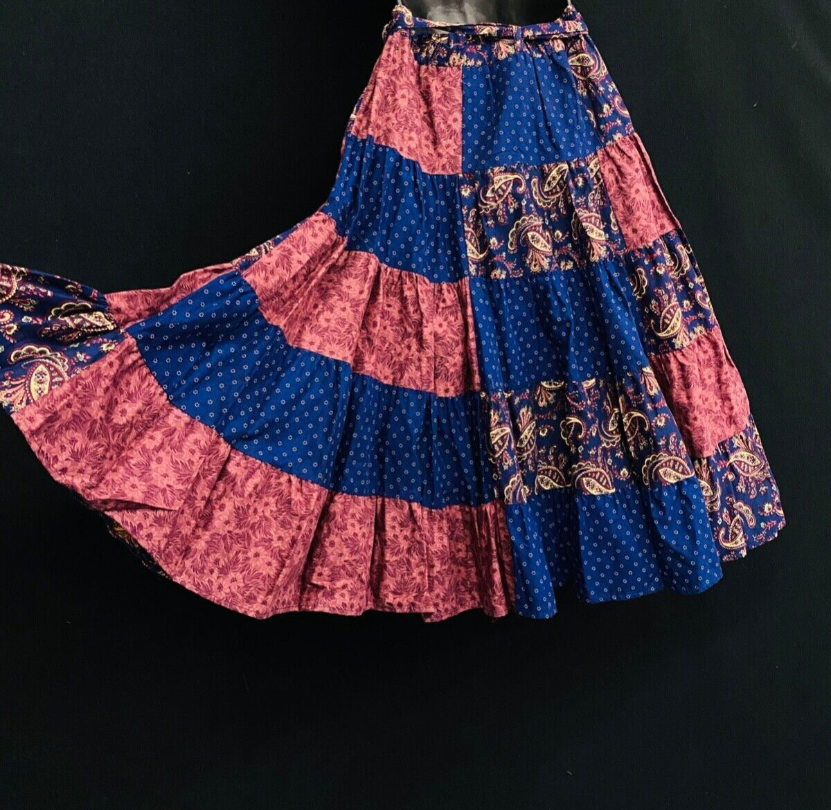 Vintage 1970s patchwork skirt, blue pink paisley boho prairie cotton circle OSFM
