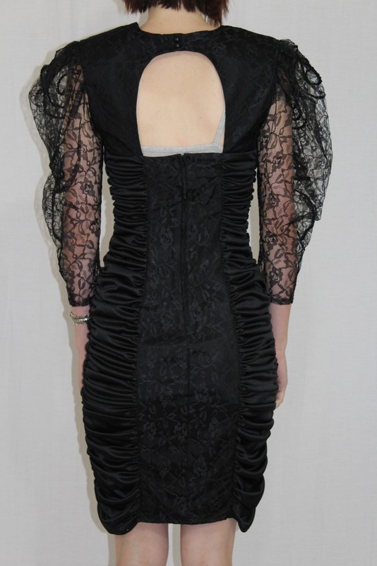 Vintage 80s Black PUFFY Slv Lace RUCHED Open Back Cocktail Party WIGGLE Dress~XS