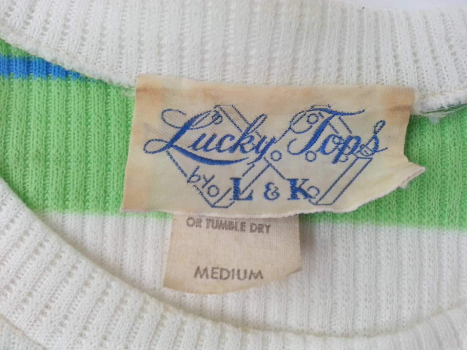 Vintage Retro 1970s Lucky Tops L & K Size M Tank Top Line Green Blue Sleeveless