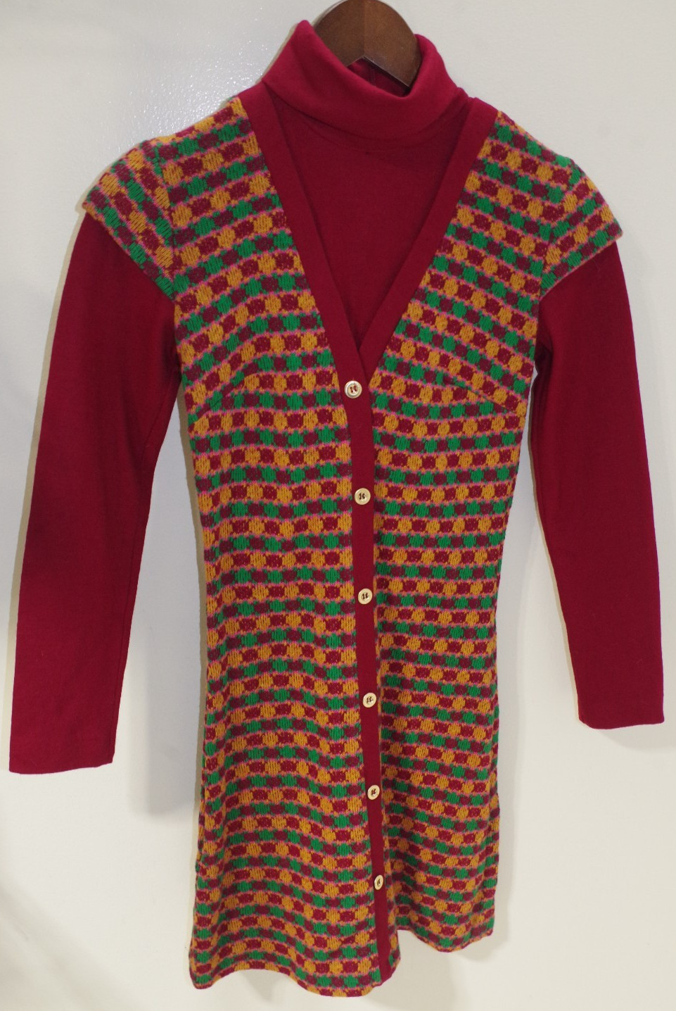 P1 70s Vintage Mini MOD GoGo Novelty Dress 5 Burgundy Wool & Cotton Knit Checks