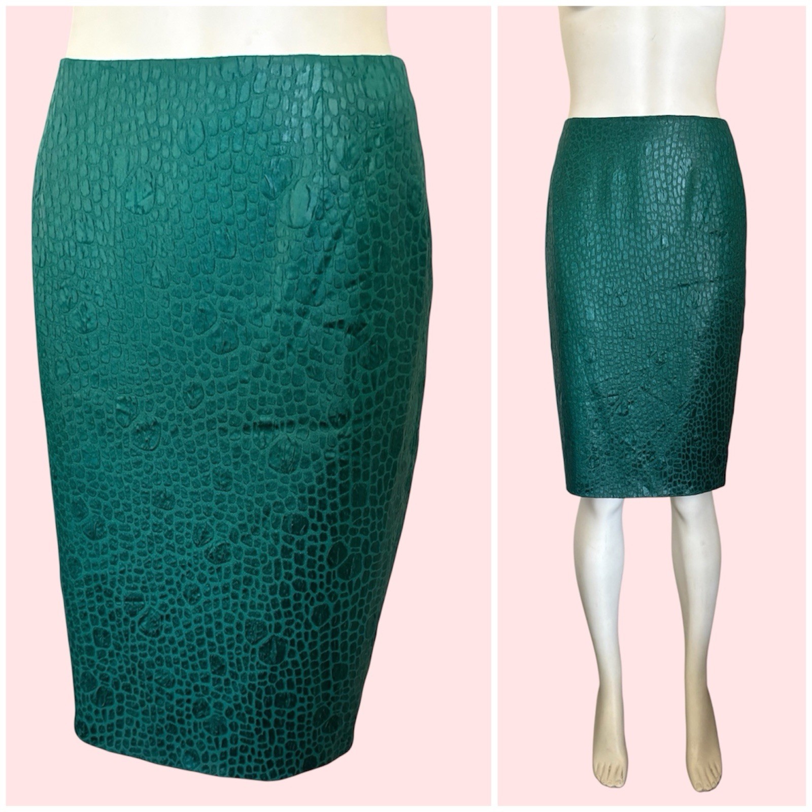 Amazing Vintage 80’s Designer Travilla Emerald Snake Reptile Pencil Skirt. Sz 8