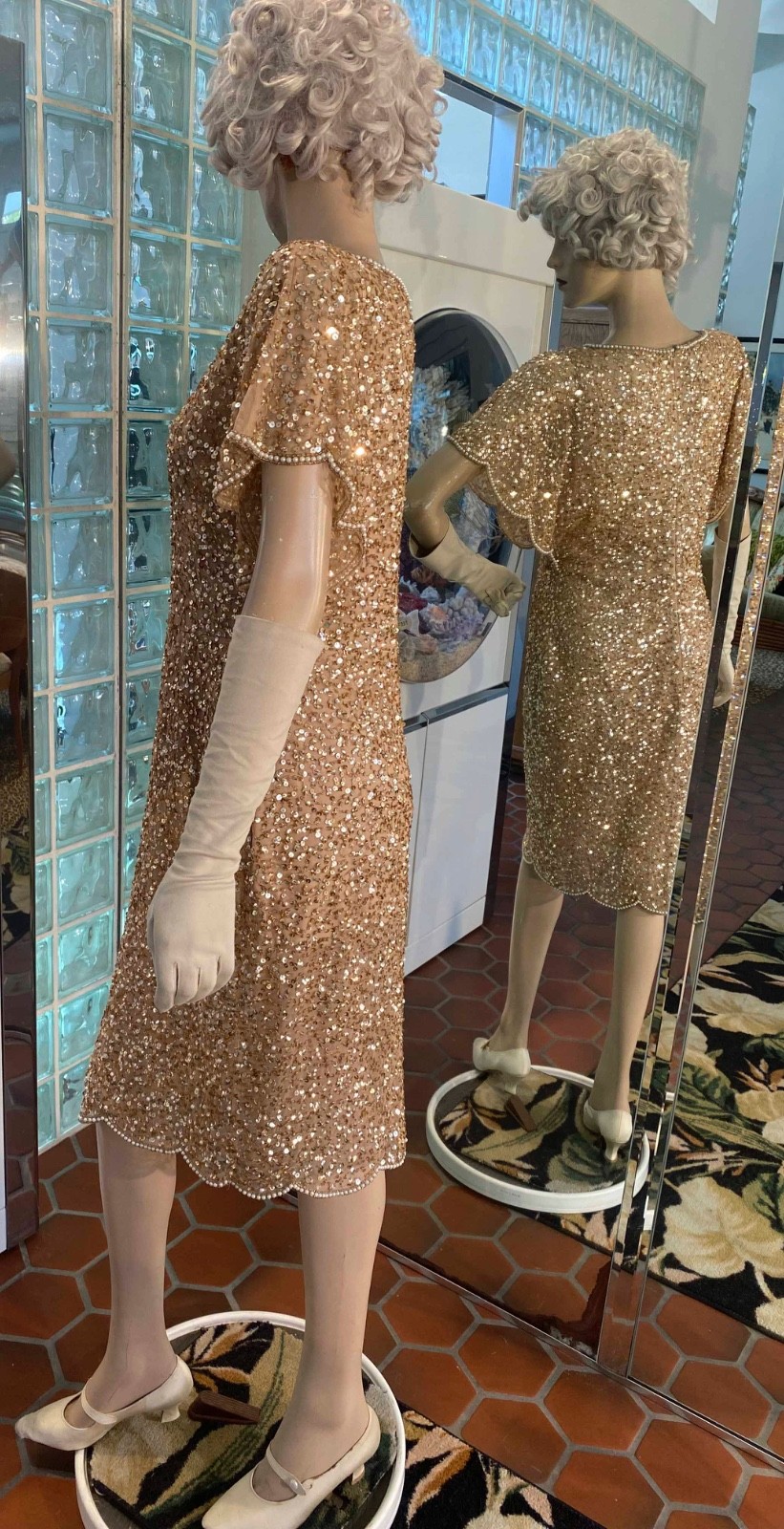VTG Papell Evening Gold Sequin Beaded Dress Butterfly sleeves Fairy Knee 10