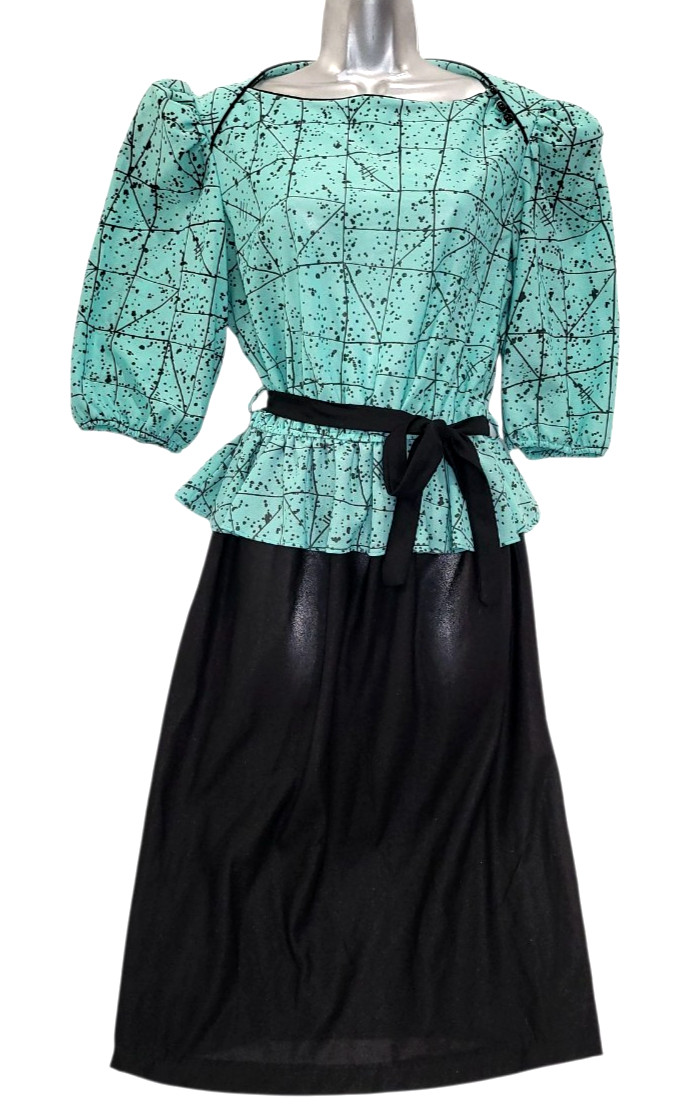 Vtg 80s KR of NY Awesome MINT GREEN BLACK GEO Print Top Black Skirt BOW Dress 16