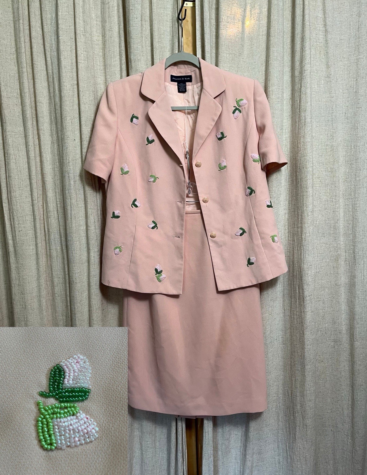 VTG 80s 90s Preston & York Pink Beaded Floral 2 Piece Skirt Suit Set Size 14