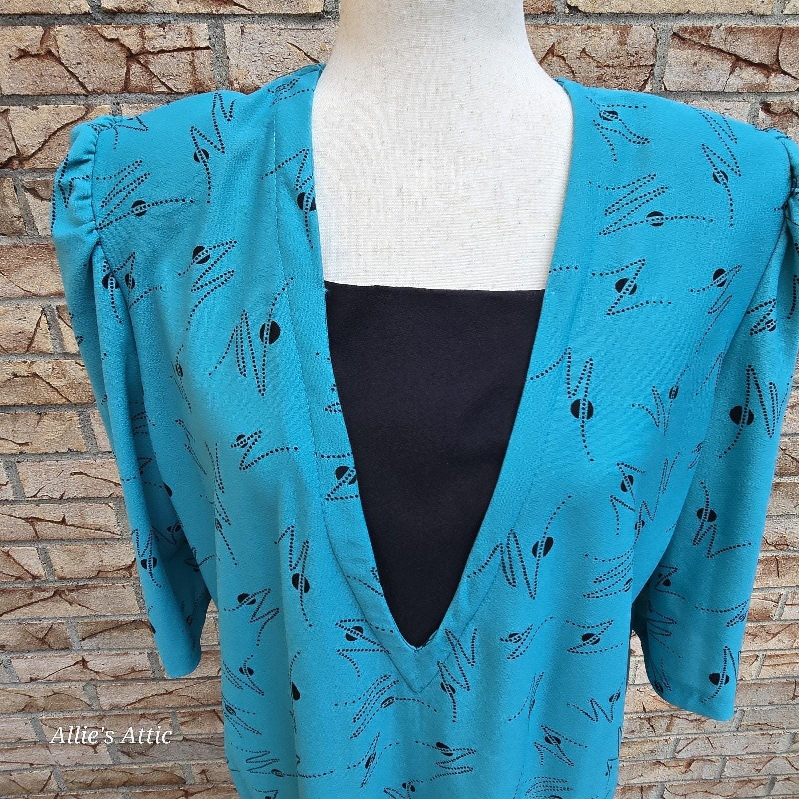 80s Teal Blue Black Geometric Vtg Drop Waist Party Dress Earth Angel Plus Size*