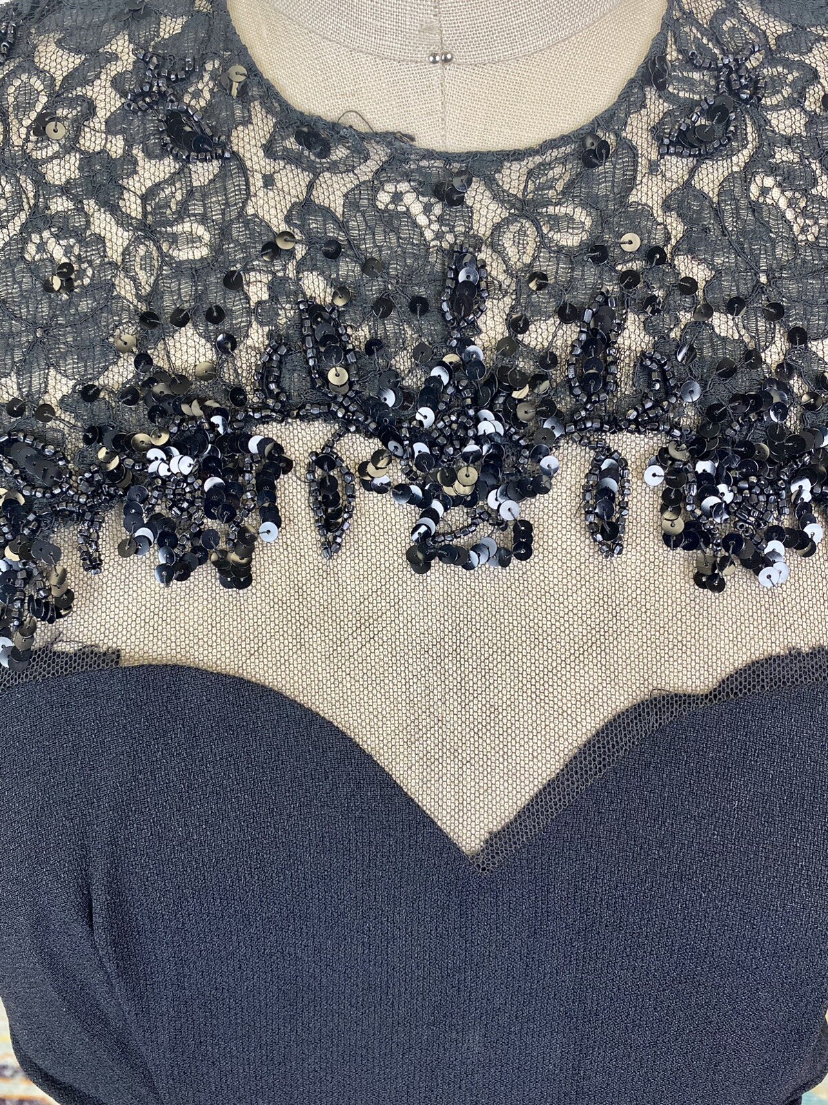 Antique Vintage 1930s Black Rayon Beaded Dress Lace Bodice Rouched Waist AS IS
