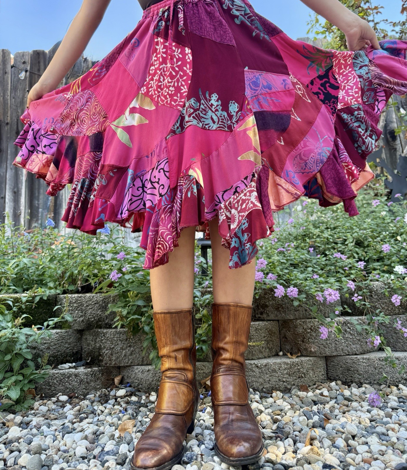 Vintage 1980s Patchwork Skirt Elastic Waist Hot Pink/Magenta +Free Bonus Top M/L