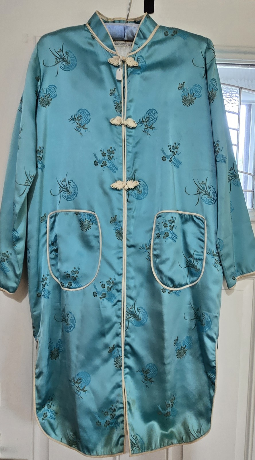 Vintage 50s Chinese Brocade Hostess Gown- Women’s- Turquoise Satin-Size 42/L