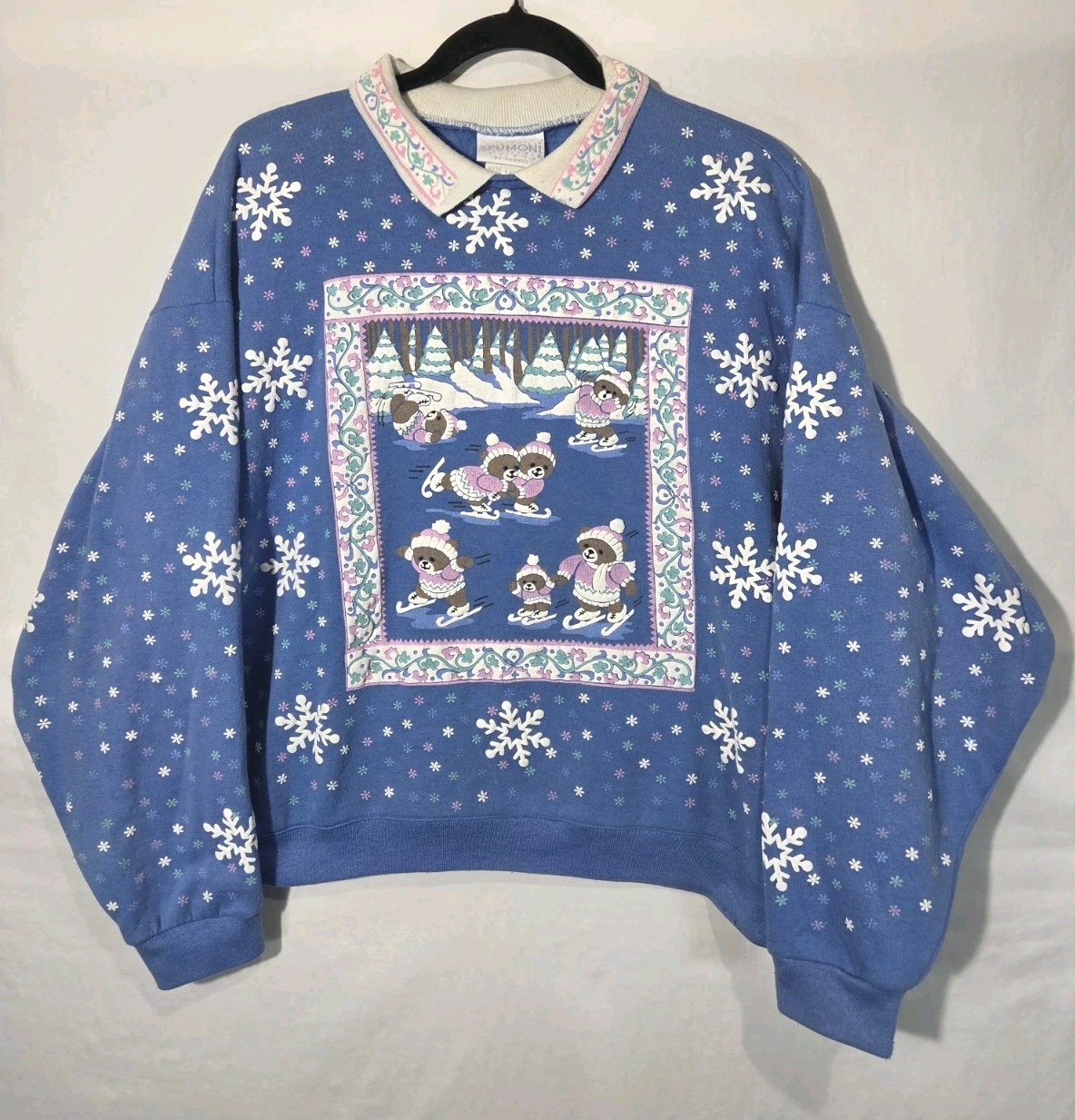 90s Spumoni Christmas Skating Bears Sweatshirt Women’s LRG Puff Paint Snowflake