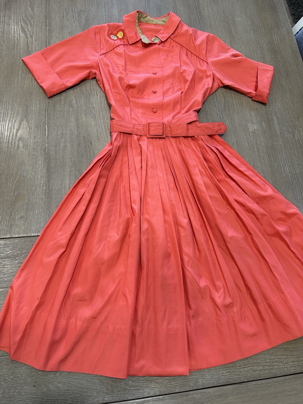 NORMAN WIATT California 60’s Pleated SMALL Vintage Dress Raw Silk? Orange
