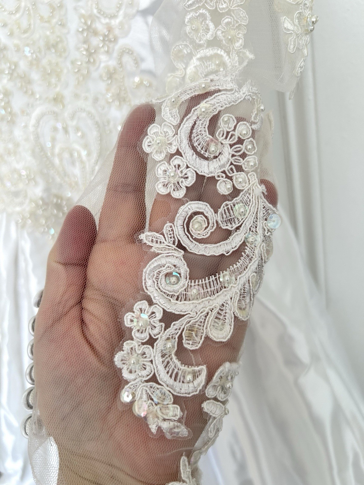 Vintage 1980s White Satin Beaded Wedding Gown & Floral Veil Crown Set Size s