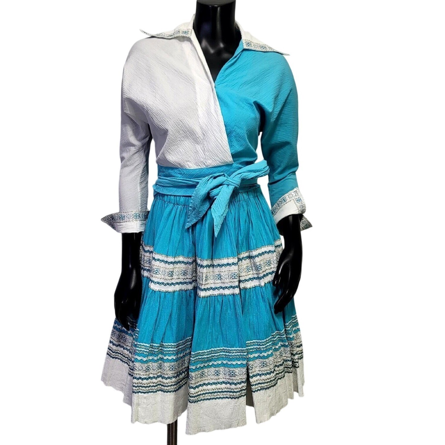 Vintage 70s Blue White Crinkle Cotton Skirt Wrap Top Set Boho Folk Square Dance
