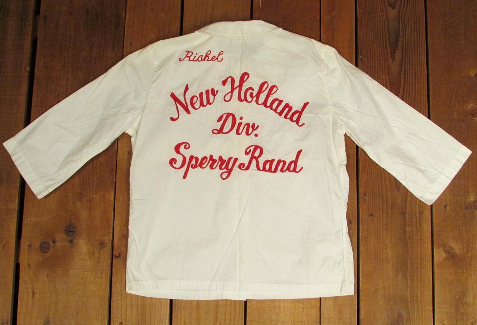 Vintage 1950s New Holland Sperry Rand White Bowling Team Shirt Blouse Rishel 1/2