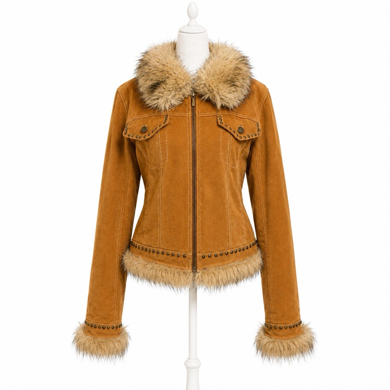 Vtg GIACCA Y2K Genuine Leather Penny Lane Fur Trimmed Studded Full Zip Jacket L