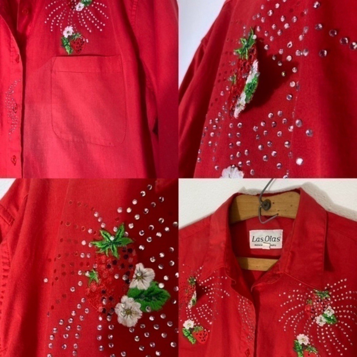 Vintage Las Olas red strawberry rhinestone appliqué button up shirt size Medium