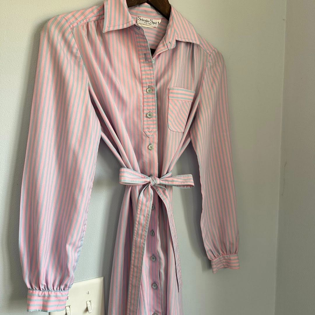 Vintage Shrader Sport Stripe Shirt Dress Pink Blue ILGWU Tie Waist S