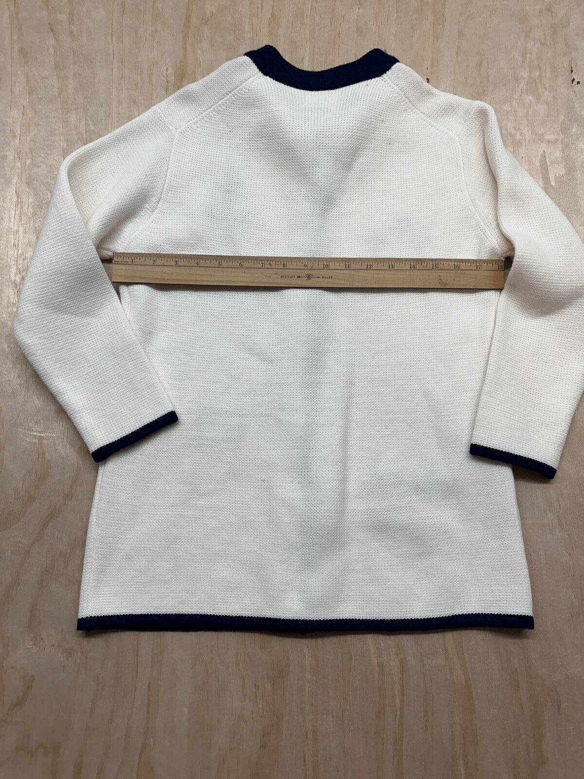 VTG 60s Ivory Wool Navy Trim Gold Button Cardigan w Sailing Boating Embroidery S
